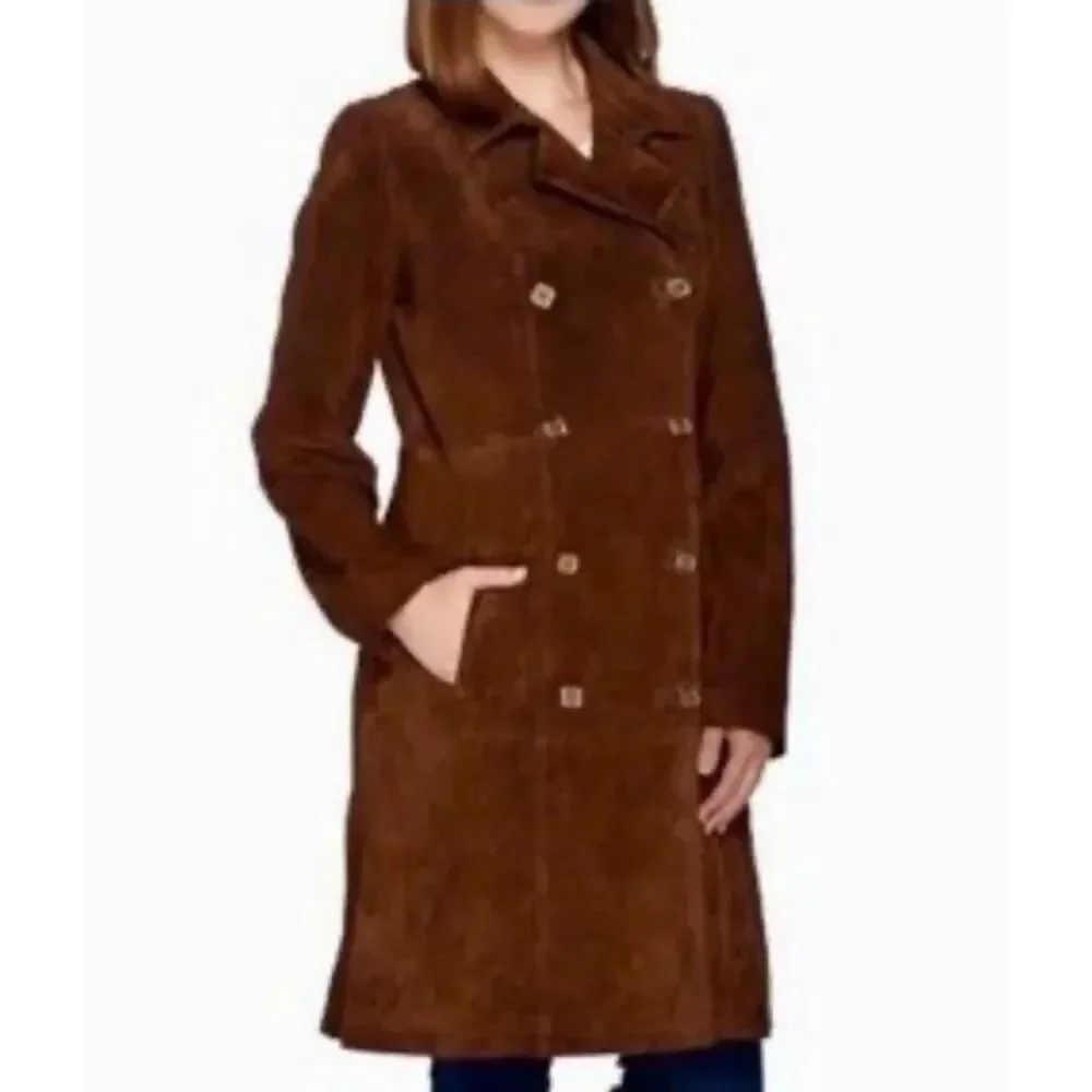 NWT C Wonder Brown Real Leather Coat Double Breasted Jacket Size 14 Gold Buttons